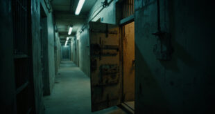 Empty prison cell door ajar in concrete corridor with harsh shadows and rusted metal details