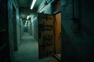 Empty prison cell door ajar in concrete corridor with harsh shadows and rusted metal details