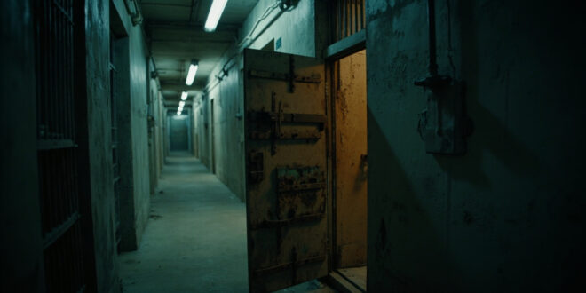 Empty prison cell door ajar in concrete corridor with harsh shadows and rusted metal details