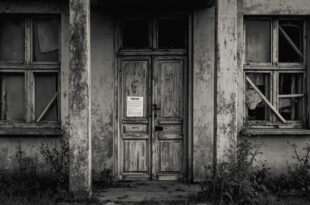 Empty abandoned house with boarded windows and weathered facade under gray sky