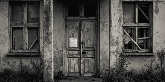 Empty abandoned house with boarded windows and weathered facade under gray sky