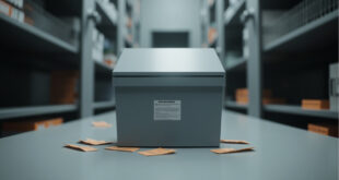 Empty metal collection box in police evidence room with unused amnesty forms nearby
