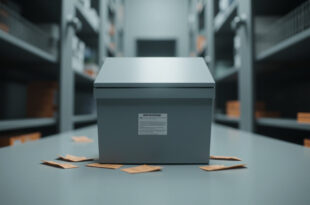 Empty metal collection box in police evidence room with unused amnesty forms nearby