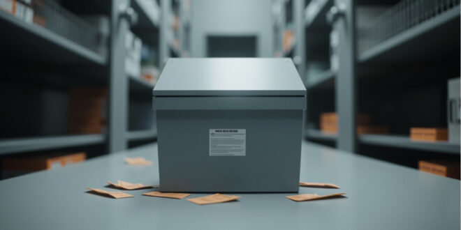 Empty metal collection box in police evidence room with unused amnesty forms nearby