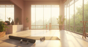 Yoga mat and weights on polished gym floor with natural window light creating peaceful wellness atmosphere