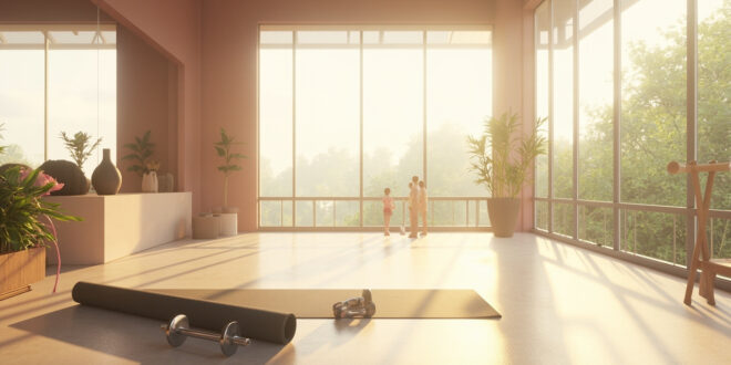 Yoga mat and weights on polished gym floor with natural window light creating peaceful wellness atmosphere