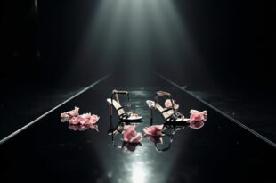Silver strappy heels on dark runway with pink rose petals scattered around under spotlight