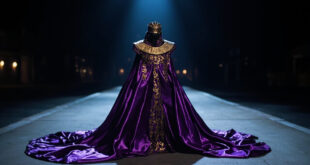 Royal purple gown with golden hieroglyphs and sculptural gold collar displayed under dramatic runway lighting