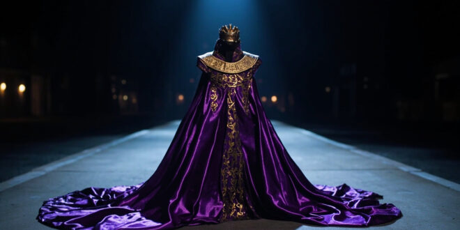 Royal purple gown with golden hieroglyphs and sculptural gold collar displayed under dramatic runway lighting