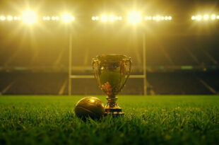 Championship rugby trophy stands illuminated on empty grass field under stadium floodlights