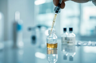 Medical syringe drawing clear liquid from glass vial in sterile clinical setting with cool blue lighting