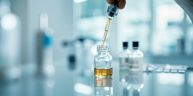 Medical syringe drawing clear liquid from glass vial in sterile clinical setting with cool blue lighting