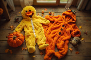 Yellow duck costume and orange pumpkin outfits with soccer ball on hardwood floor surrounded by autumn leaves