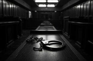 Metal handcuffs and chains rest on dark wooden courtroom bench under harsh fluorescent lighting in empty institutional space