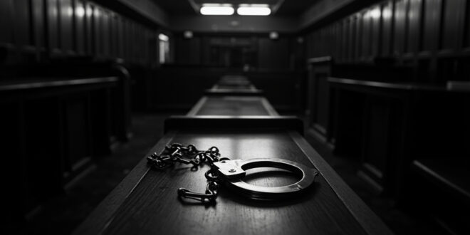Metal handcuffs and chains rest on dark wooden courtroom bench under harsh fluorescent lighting in empty institutional space