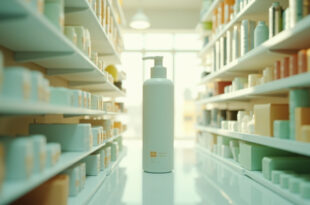 Shampoo bottle on supermarket shelf surrounded by neatly arranged products in bright retail aisle