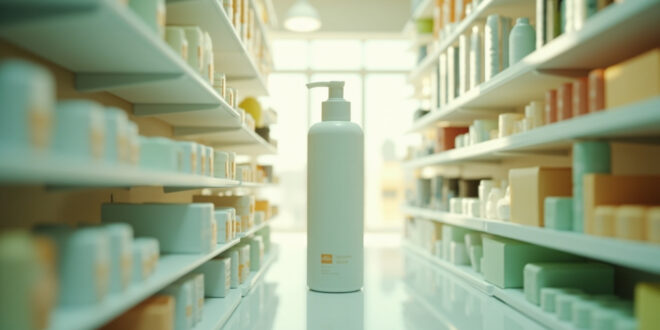 Shampoo bottle on supermarket shelf surrounded by neatly arranged products in bright retail aisle