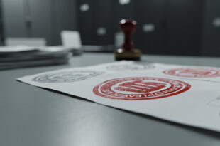 Official rubber stamp pressing onto stacked regulatory documents with red warning markers on gray desk surface