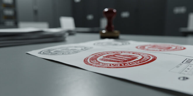 Official rubber stamp pressing onto stacked regulatory documents with red warning markers on gray desk surface