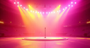 Empty stadium stage with microphone and colorful tropical stage lighting in magenta and yellow