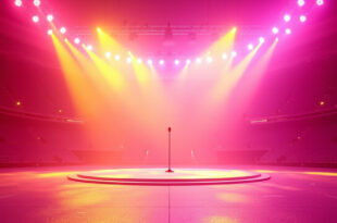 Empty stadium stage with microphone and colorful tropical stage lighting in magenta and yellow