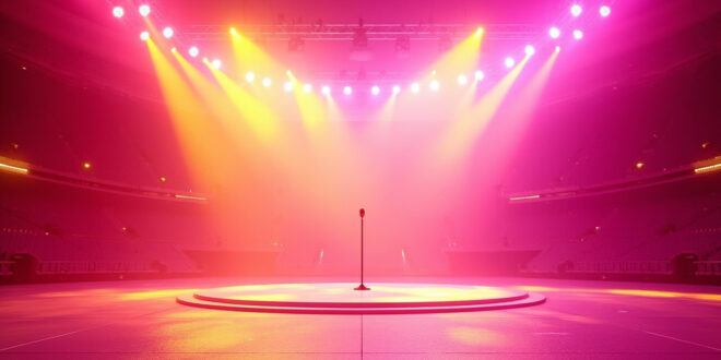 Empty stadium stage with microphone and colorful tropical stage lighting in magenta and yellow