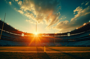 Football stadium with illuminated goalposts and empty field under dramatic lighting