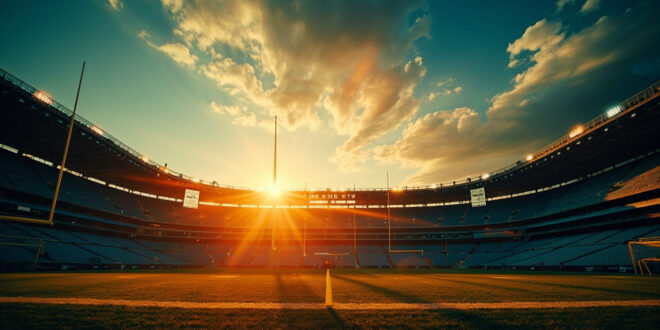 Football stadium with illuminated goalposts and empty field under dramatic lighting
