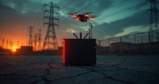 Anti-drone jammer device aimed at quadcopter silhouette above power facility transmission towers at twilight
