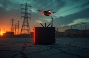 Anti-drone jammer device aimed at quadcopter silhouette above power facility transmission towers at twilight