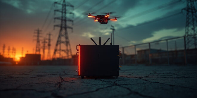 Anti-drone jammer device aimed at quadcopter silhouette above power facility transmission towers at twilight