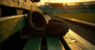 Two baseball gloves on wooden bleacher seats in an empty stadium at golden hour