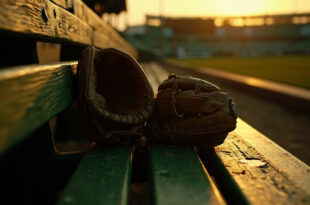 Two baseball gloves on wooden bleacher seats in an empty stadium at golden hour