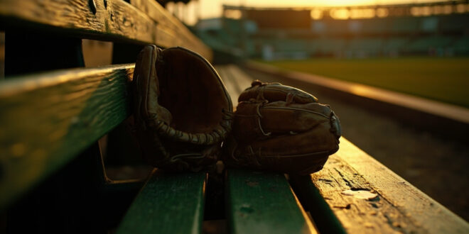 Two baseball gloves on wooden bleacher seats in an empty stadium at golden hour