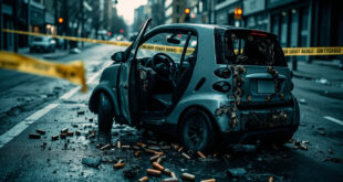 Bullet-riddled car door with multiple impact holes cordoned by yellow police tape on empty street