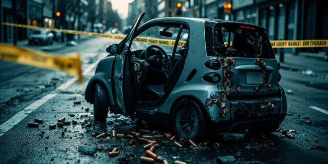 Bullet-riddled car door with multiple impact holes cordoned by yellow police tape on empty street