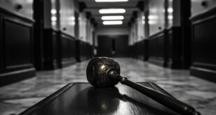 Brass gavel on dark wooden surface in empty courtroom with stern institutional lighting and shadows