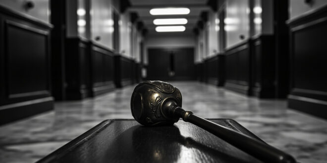 Brass gavel on dark wooden surface in empty courtroom with stern institutional lighting and shadows