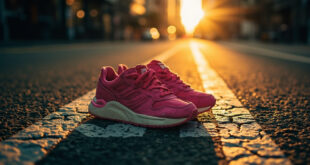 Pink sneaker-heel hybrid shoes on painted marathon markers against urban asphalt with distant city skyline at dawn