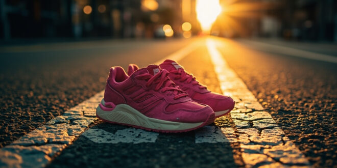 Pink sneaker-heel hybrid shoes on painted marathon markers against urban asphalt with distant city skyline at dawn