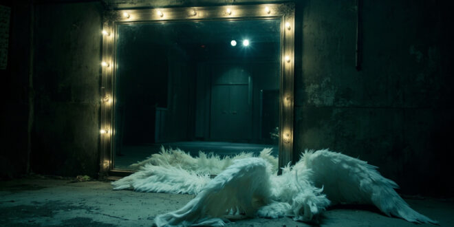 White feathered angel wings leaning against gray concrete wall in empty backstage corridor with dramatic shadows