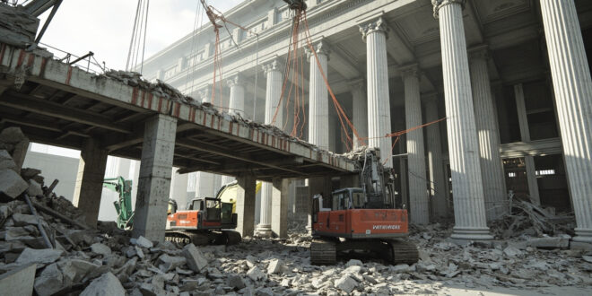 Demolished East Wing with exposed framework, construction cranes, and debris from historic white building exterior.