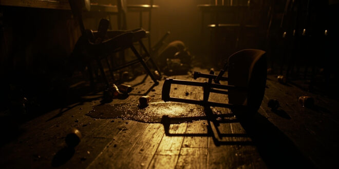 Overturned bar furniture and spilled drinks in dimly lit Prague establishment after nighttime incident