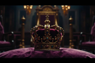 Ornate golden crown on purple velvet cushion in ceremonial chamber with historic architecture