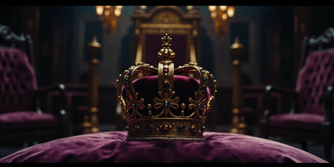 Ornate golden crown on purple velvet cushion in ceremonial chamber with historic architecture
