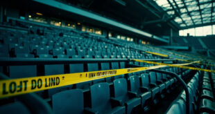 Empty football stadium seats blocked by metal barriers and yellow caution tape in a deserted section