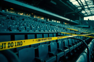Empty football stadium seats blocked by metal barriers and yellow caution tape in a deserted section