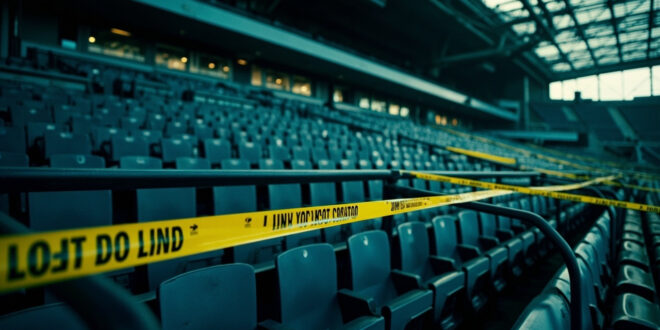 Empty football stadium seats blocked by metal barriers and yellow caution tape in a deserted section