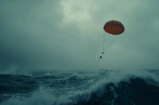 Orange sonar buoy with parachute falling toward dark Atlantic ocean surface from aircraft
