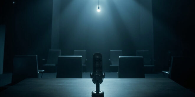 Dark broadcast studio with empty interview desk, microphone, and vacant chairs under dim overhead lighting
